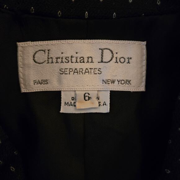 Vintage Christian Dior 80s Wool Blazer 6 Black White Dot Cropped Double Breasted - Picture 11 of 14